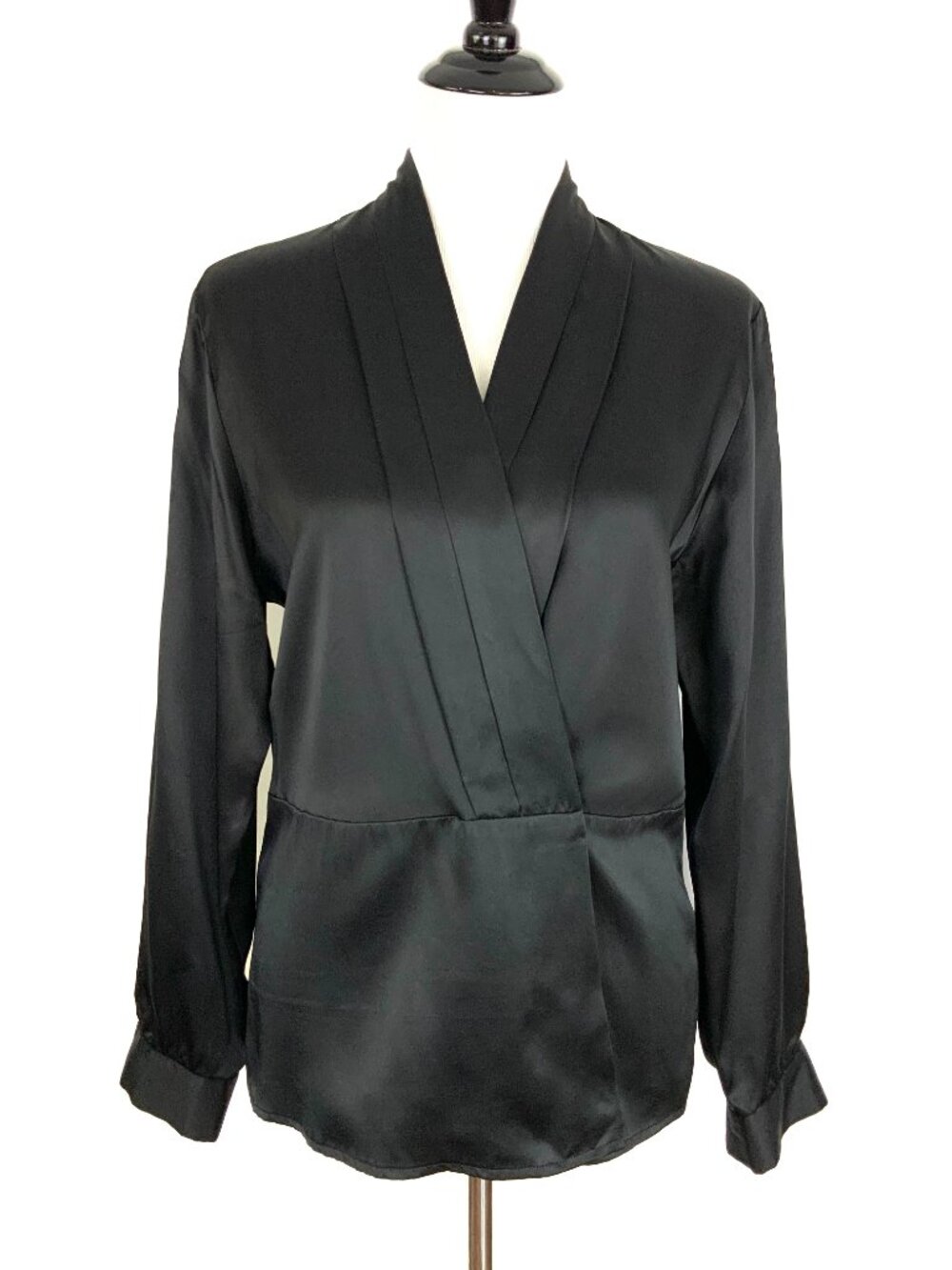 Vintage PEAK Black 100% Silk Wrap Blouse Peplum Top Pleated Shawl Collar Size 10